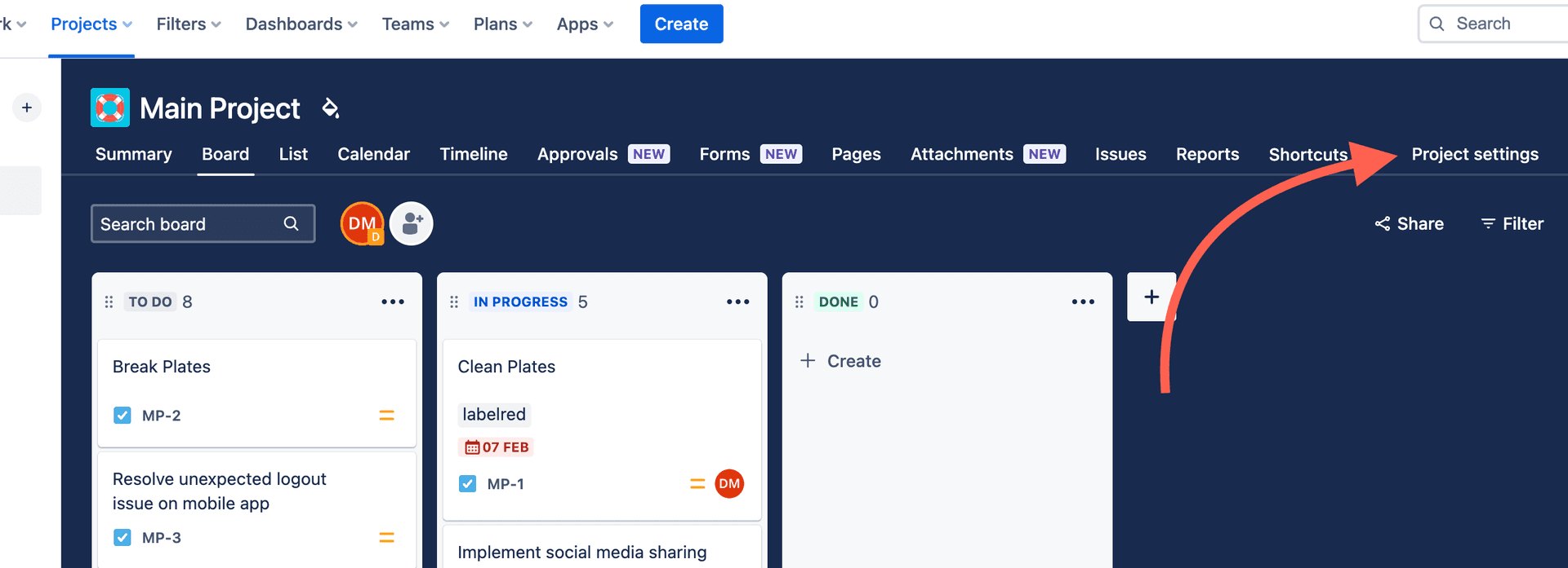 jira screenshot focus on project settings option